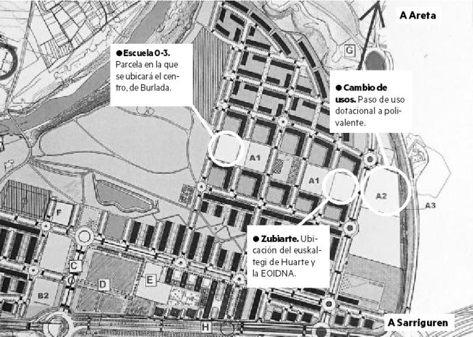 Plano de Erripagaña con el reparto de parcelas para la escuela de Burlada y el euskaltegi de Huarte.