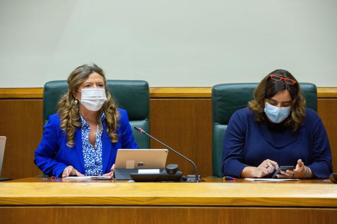 La consejera de Salud, Gotzone Sagardui, y la subdirectora de coordinación de Atención Primaria, Susana Martín durante su intervencipn en la Comisión de Salud en el Parlamento vasco