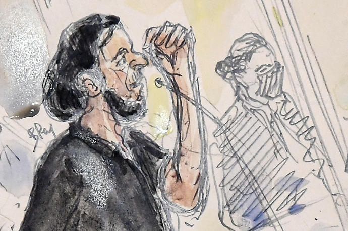 Dibujo de Salah Abdeslam en el juicio que ha comenzado en París.