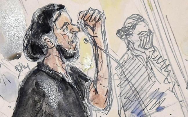 Dibujo de Salah Abdeslam en el juicio que ha comenzado en París. Dibujo de Salah Abdeslam en el juicio que ha comenzado en París.
