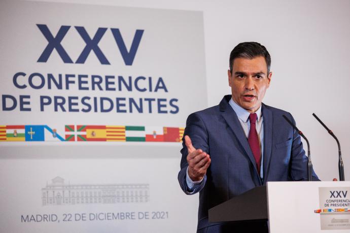 Sánchez, durante su intervención este jueves tras la Conferencia de Presidentes.