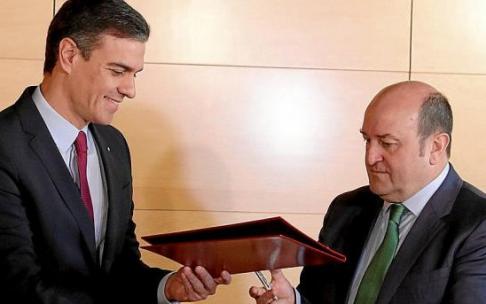 El presidente del Gobierno español, Pedro Sánchez, con el líder de la Ejecutiva del PNV, Andoni Ortuzar. Foto: Efe