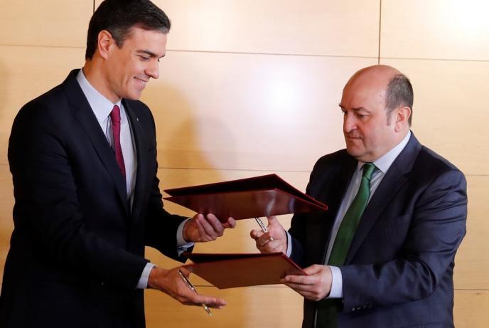 El presidente español, Pedro Sánchez, con el líder del PNV, Andoni Ortuzar, en la firma del pacto de investidura en diciembre de 2019