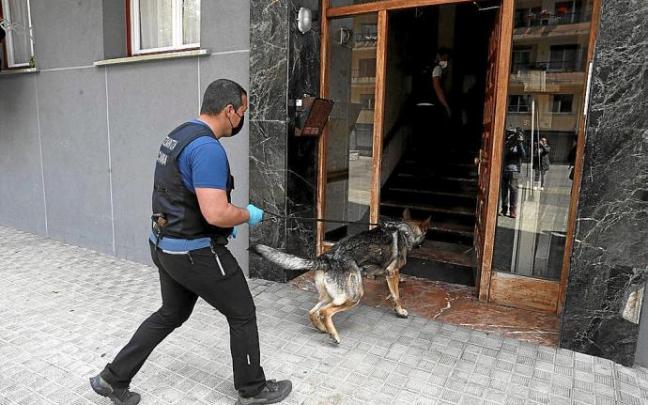 Un ertzaina accede con un perro al portal del edificio en el que reside el detenido en Irun. Foto: Efe
