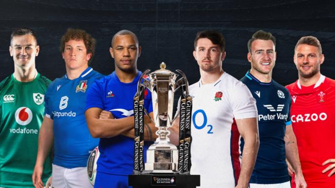 Los capitanes de Irlanda, Italia, Francia, Inglaterra, Escocia y Gales: Jonathan Sexton, Michele Lamaro, Gael Fickou, Tom Curry, Stuart Hogg y Dan Biggar.