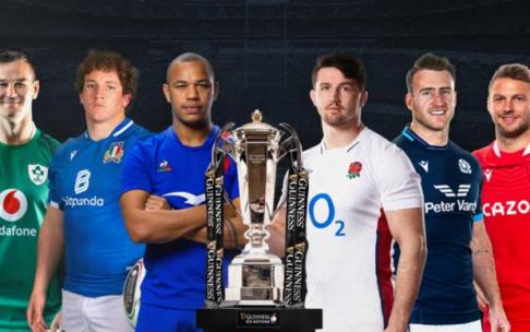 Los capitanes de Irlanda, Italia, Francia, Inglaterra, Escocia y Gales: Jonathan Sexton, Michele Lamaro, Gael Fickou, Tom Curry, Stuart Hogg y Dan Biggar.
