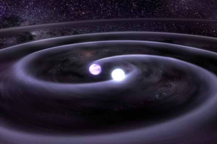 Ilustración de un sistema binario de estrellas de neutrones en proceso de fusión