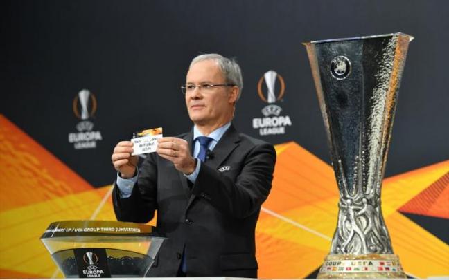 Imagen de un sorteo europeo previo, en la sede de la UEFA en Nyon.