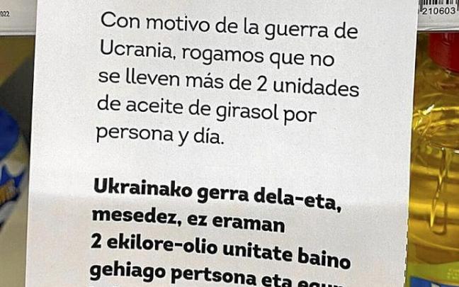 Solo dos unidades de aceite de girasol por persona y día, reza el cartel.