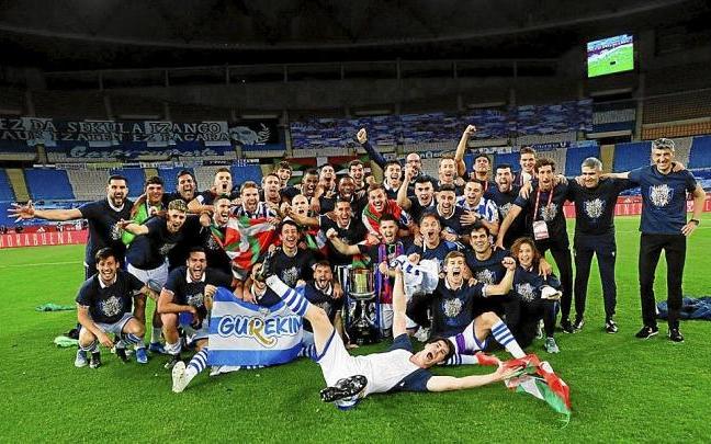 Los jugadores de la Real celebran el título copero conquistado el pasado 3 de abril. Foto: Real Sociedad