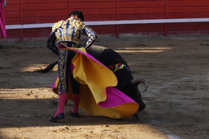 Media verónica de cartel de toros de Rafael Reyes en el saludo al segundo 'Cabezón'