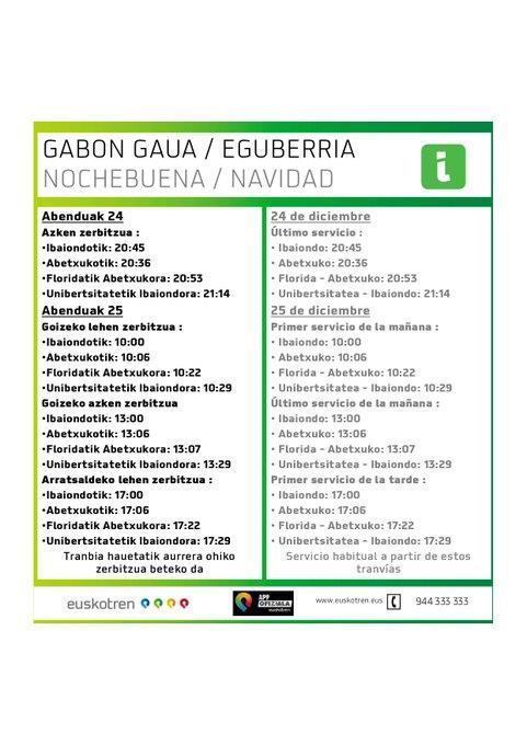 Horarios especiales del tranvía por Nochebuena y Navidad.