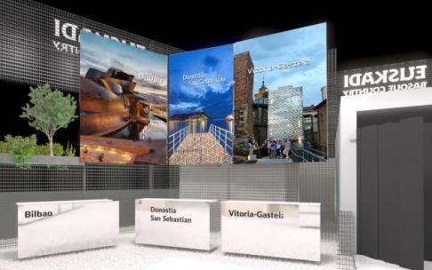 Vista de una de las entradas al estand de Euskadi en Fitur, la feria del turismo que comienza mañana en Madrid.
