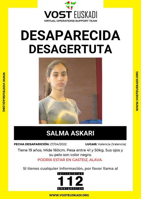 Cartel de VOST Euskadi informando de la búsqueda de esta joven.