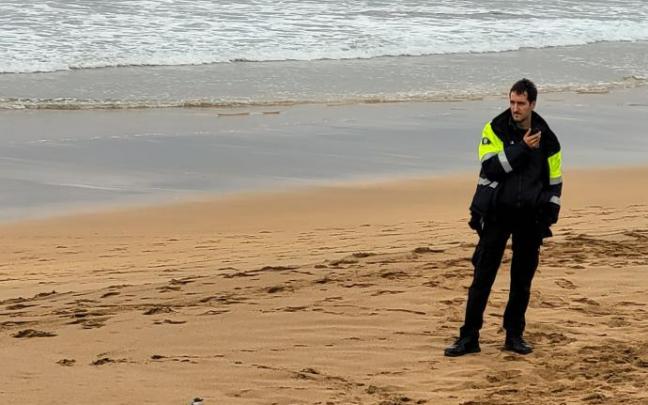 Un agente custodia al arao en la playa de Zarautz Un agente custodia al arao en la playa de Zarautz