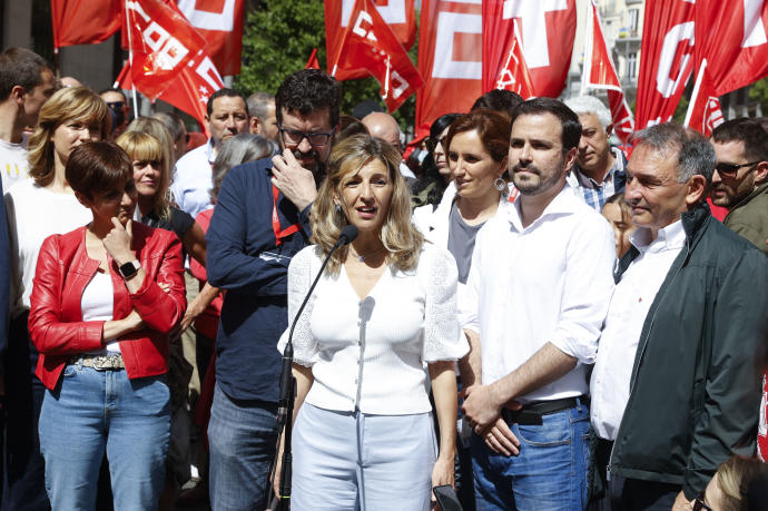 La vicepresidenta segunda y ministra de Trabajo en su intervención en la manifestación convocada por los sindicatos en Madrid.