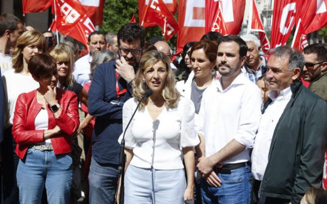La vicepresidenta segunda y ministra de Trabajo en su intervención en la manifestación convocada por los sindicatos en Madrid.