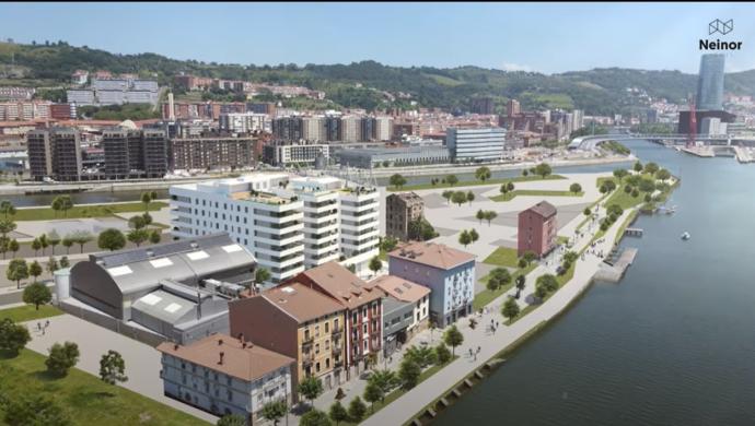 Los tres bloques de viviendas libres que construirá Neinor Homes en la punta sur de Zorrotzaurre se levantarán junto al edificio papelera y al lado de edificios históricos.